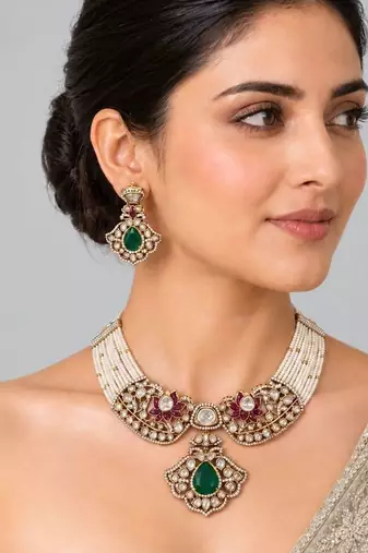 Gold plated emerald green moissanite polki choker necklace set