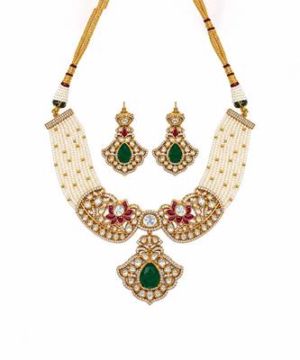 Gold plated emerald green moissanite polki choker necklace set 2