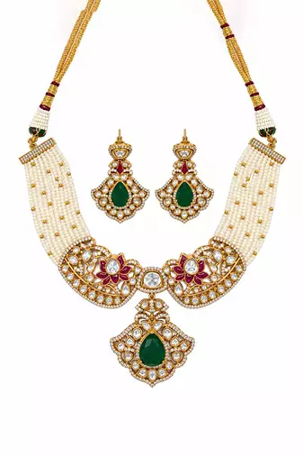 Gold plated emerald green moissanite polki choker necklace set