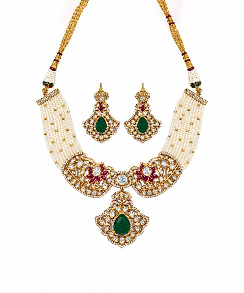 Gold plated emerald green moissanite polki choker necklace set