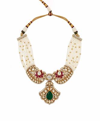 Gold plated emerald green moissanite polki choker necklace set 3
