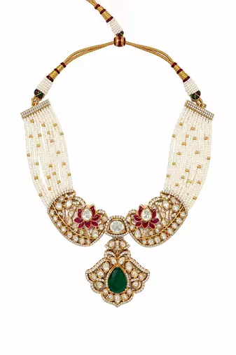 Gold plated emerald green moissanite polki choker necklace set