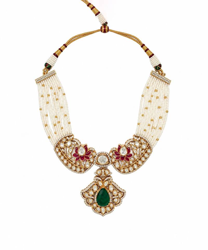 Gold plated emerald green moissanite polki choker necklace set