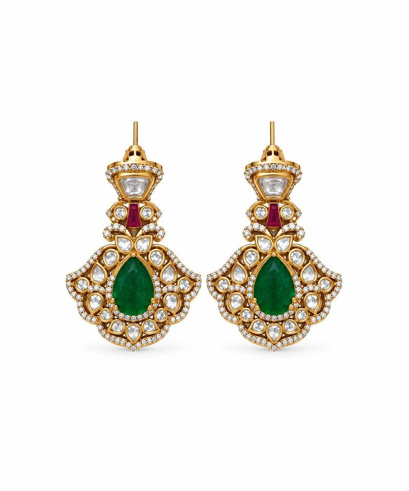 Gold plated emerald green moissanite polki choker necklace set