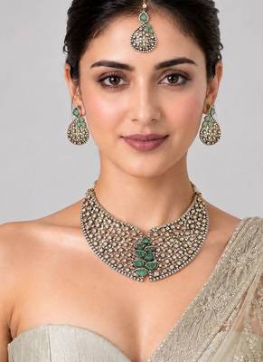 Gold plated sage green moissanite polki statement necklace set with maang tikka 1