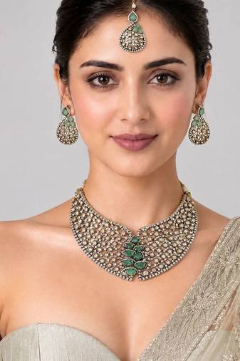 Gold plated sage green moissanite polki statement necklace set with maang tikka