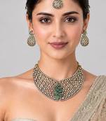 Gold plated sage green moissanite polki statement necklace set with maang tikka