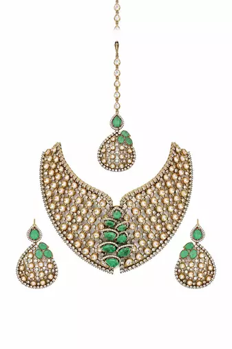 Gold plated sage green moissanite polki statement necklace set with maang tikka