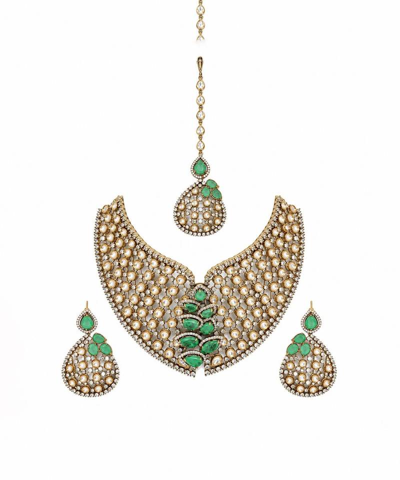 Gold plated sage green moissanite polki statement necklace set with maang tikka