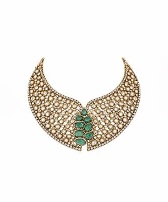 Gold plated sage green moissanite polki statement necklace set with maang tikka 3
