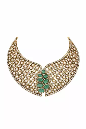 Gold plated sage green moissanite polki statement necklace set with maang tikka