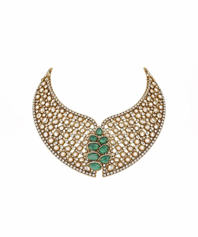 Gold plated sage green moissanite polki statement necklace set with maang tikka