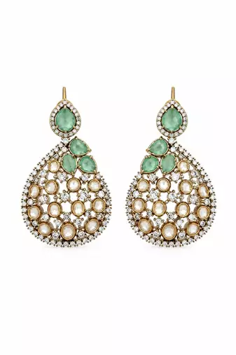 Gold plated sage green moissanite polki statement necklace set with maang tikka
