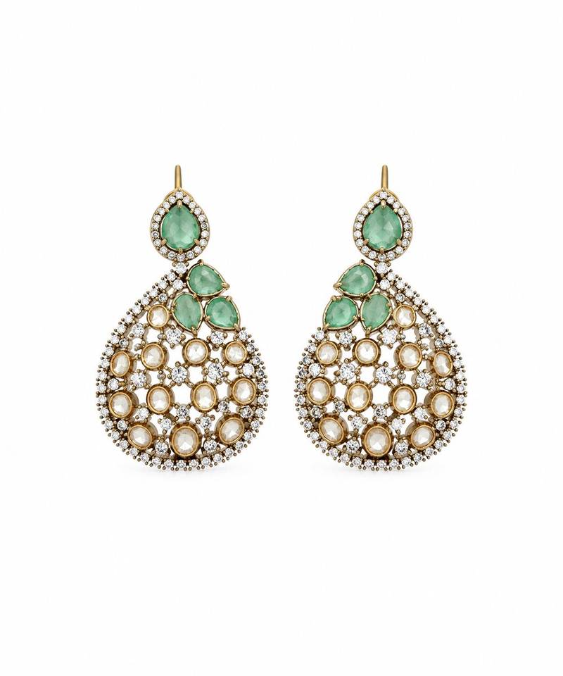 Gold plated sage green moissanite polki statement necklace set with maang tikka