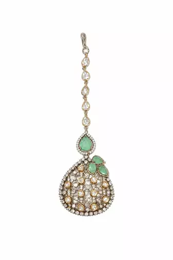 Gold plated sage green moissanite polki statement necklace set with maang tikka