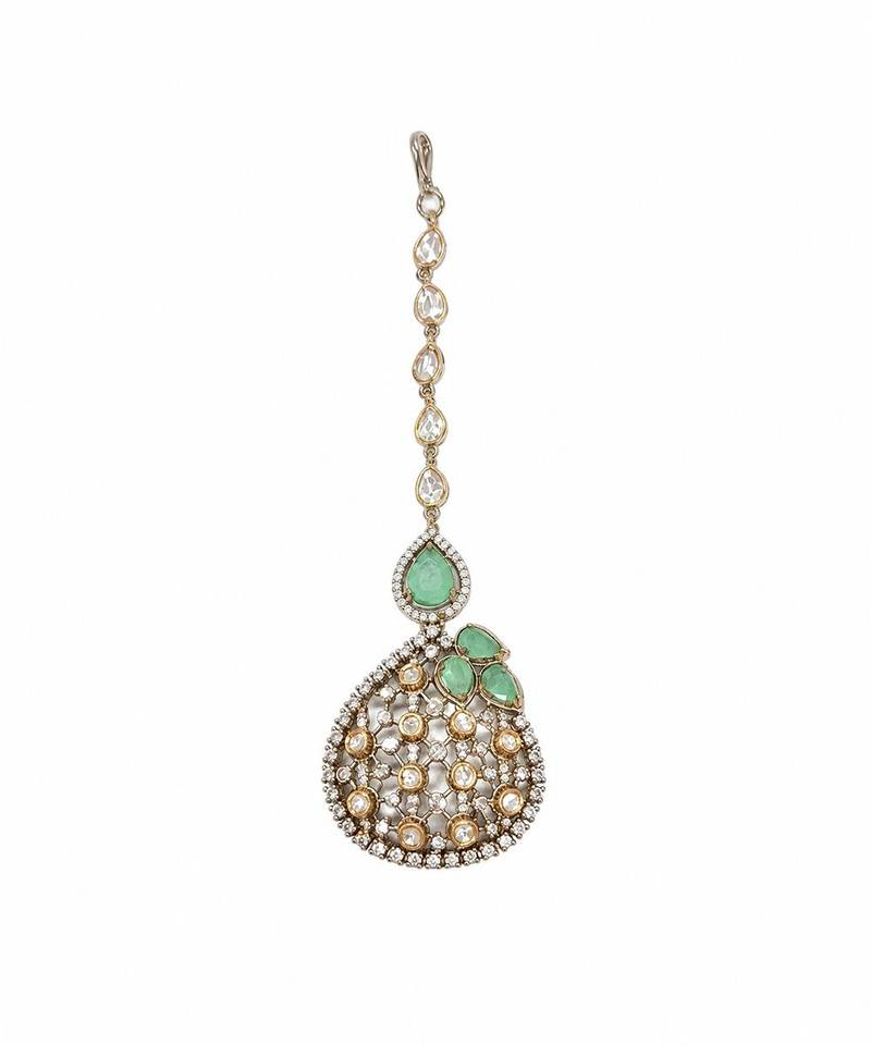 Gold plated sage green moissanite polki statement necklace set with maang tikka
