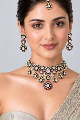 Gold plated ruby red moissanite polki choker necklace set with maang tikka