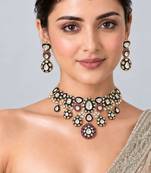 Gold plated ruby red moissanite polki choker necklace set with maang tikka