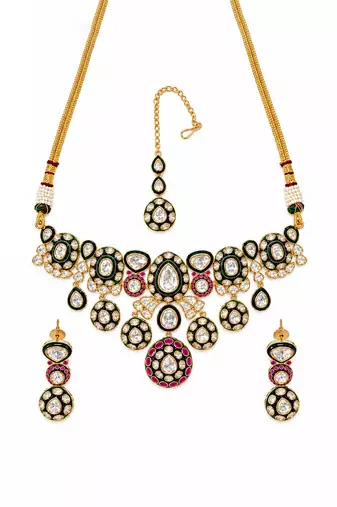 Gold plated ruby red moissanite polki choker necklace set with maang tikka