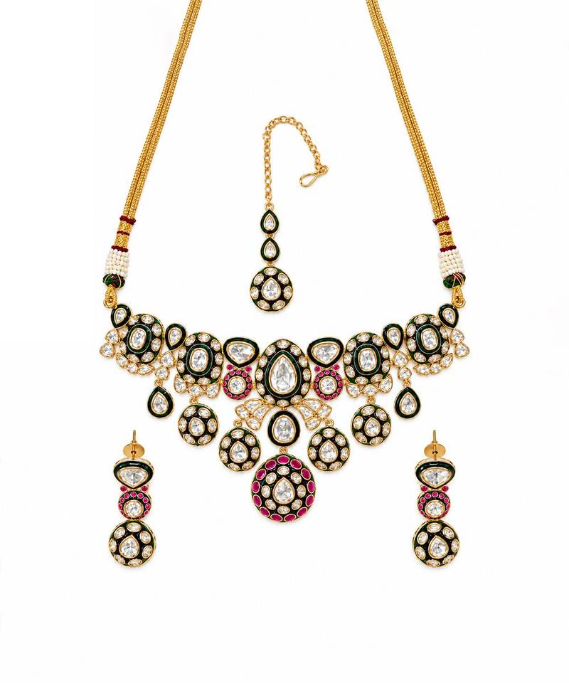 Gold plated ruby red moissanite polki choker necklace set with maang tikka