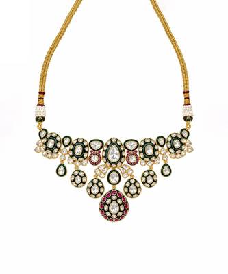 Gold plated ruby red moissanite polki choker necklace set with maang tikka 3