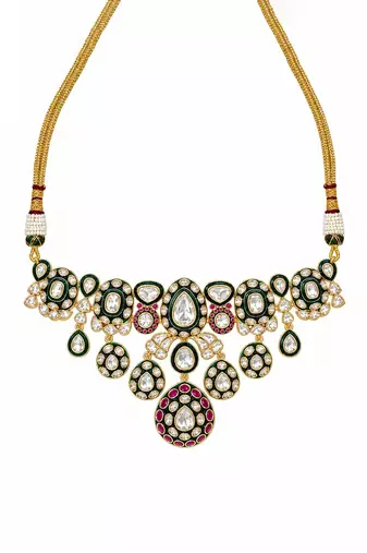 Gold plated ruby red moissanite polki choker necklace set with maang tikka