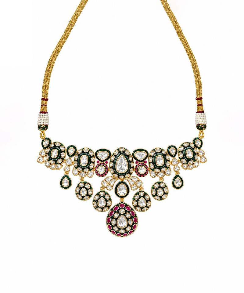 Gold plated ruby red moissanite polki choker necklace set with maang tikka