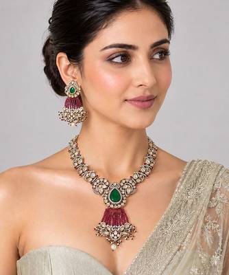 Gold plated emerald green moissanite polki necklace set 1