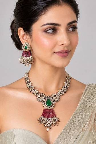 Gold plated emerald green moissanite polki necklace set