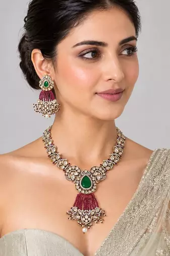 Gold plated emerald green moissanite polki necklace set