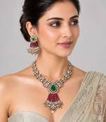 Gold plated emerald green moissanite polki necklace set