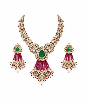 Gold plated emerald green moissanite polki necklace set 2