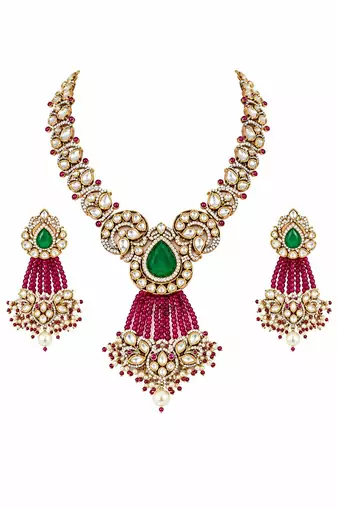 Gold plated emerald green moissanite polki necklace set