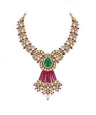 Gold plated emerald green moissanite polki necklace set 3