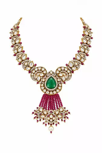 Gold plated emerald green moissanite polki necklace set