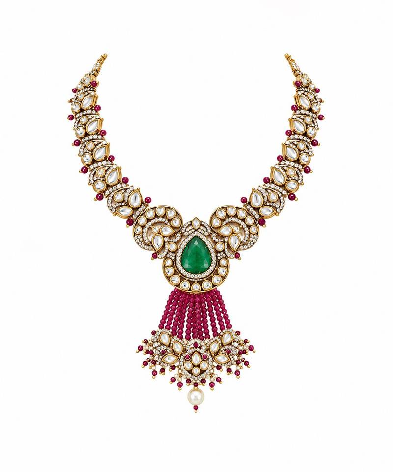 Gold plated emerald green moissanite polki necklace set