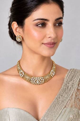 Gold plated moissanite polki choker necklace set