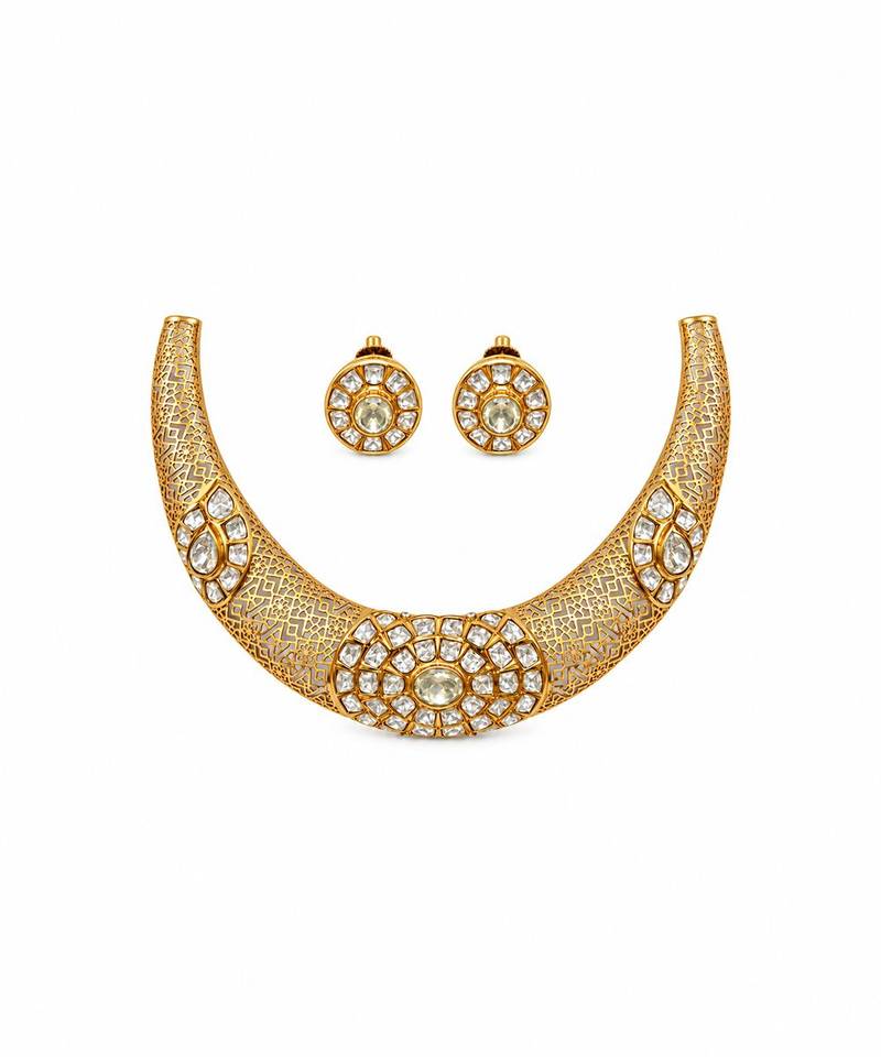 Gold plated moissanite polki choker necklace set