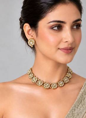 Gold plated moissanite polki floral choker necklace set 1