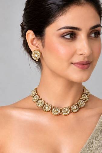 Gold plated moissanite polki floral choker necklace set
