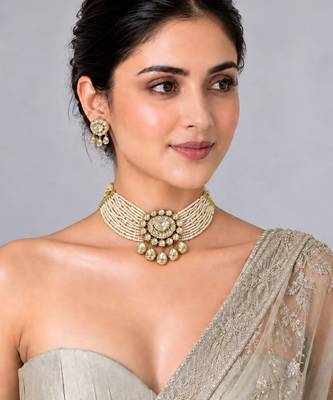 Gold plated pearl moissanite polki choker necklace set 1