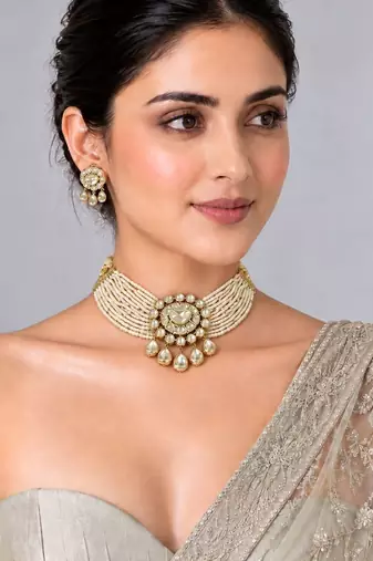 Gold plated pearl moissanite polki choker necklace set