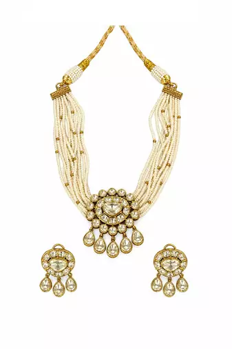 Gold plated pearl moissanite polki choker necklace set