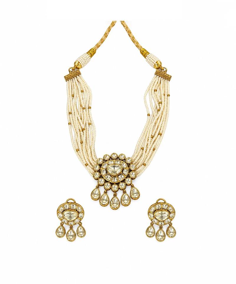 Gold plated pearl moissanite polki choker necklace set