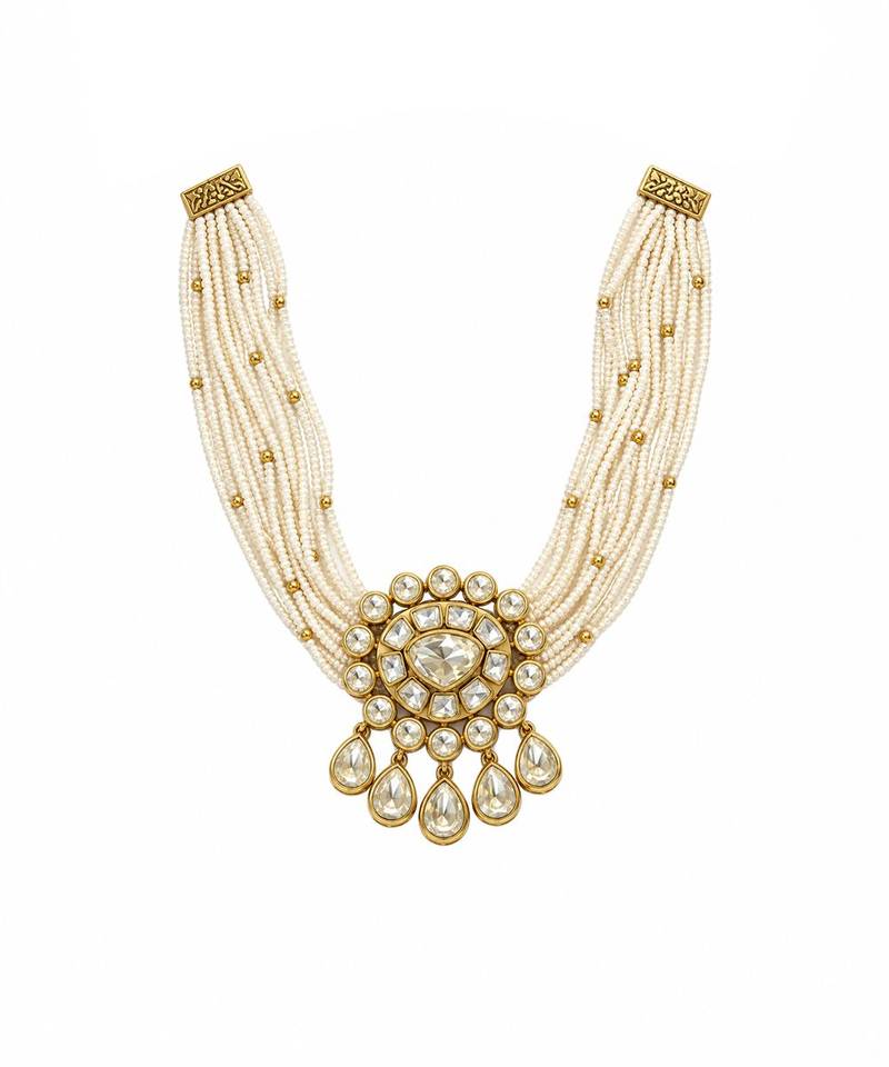 Gold plated pearl moissanite polki choker necklace set