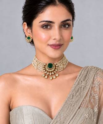 Gold plated emerald green pearl moissanite polki choker set 1