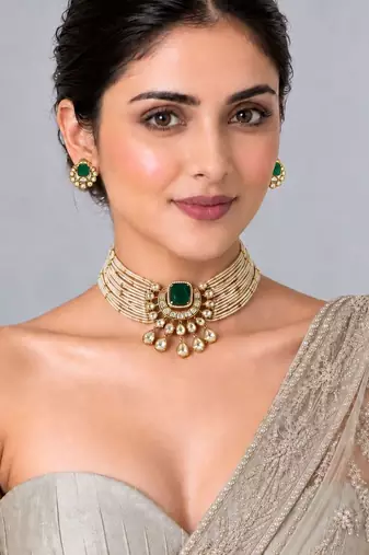 Gold plated emerald green pearl moissanite polki choker set