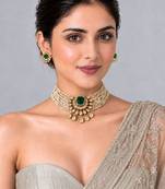 Gold plated emerald green pearl moissanite polki choker set