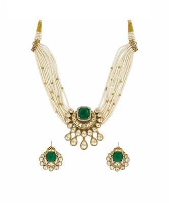 Gold plated emerald green pearl moissanite polki choker set 2