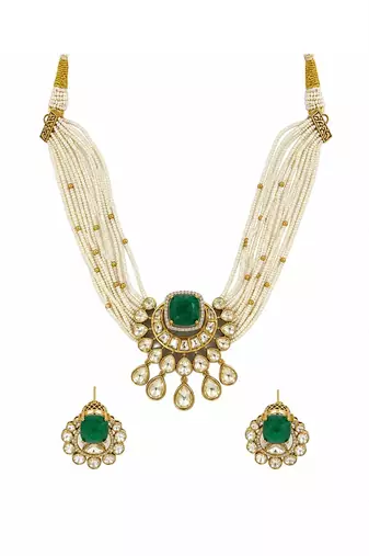 Gold plated emerald green pearl moissanite polki choker set